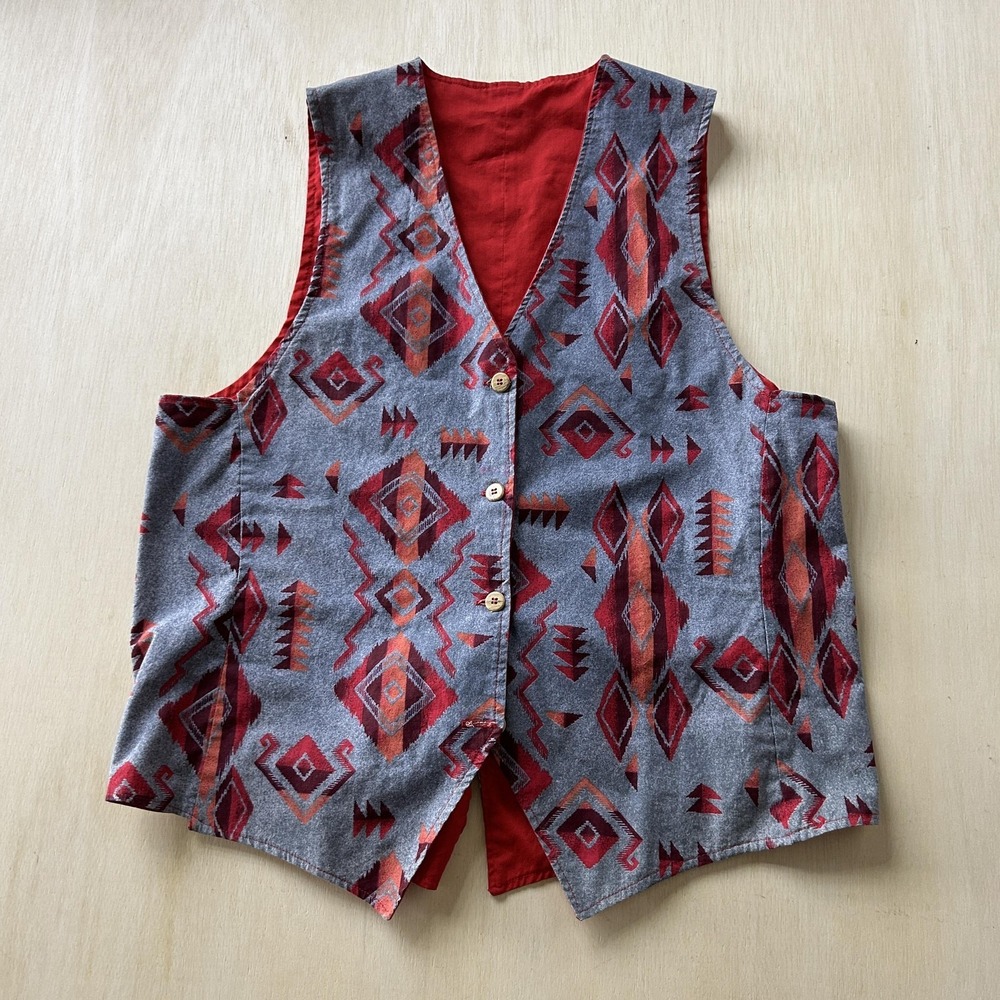 Vintage Aztec Vest‎ Mens Medium Gray Red Button Front Quilted Lined Southwestern